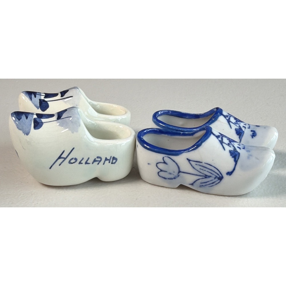 Set Of 2 Pair Vintage Dutch Holland Shoes Blue And White Mini